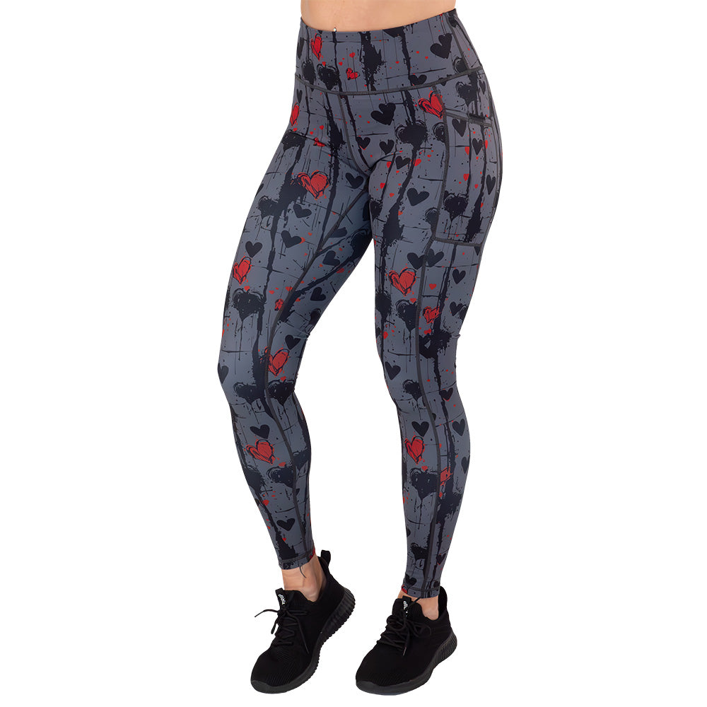 black and red heart patterned leggings