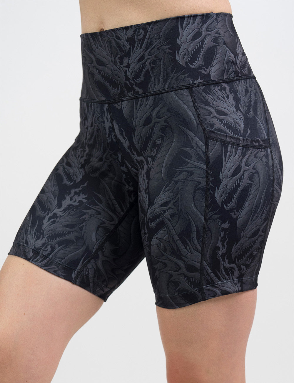 front of the 7 inch black shorts with a grey dragon pattern against a white background