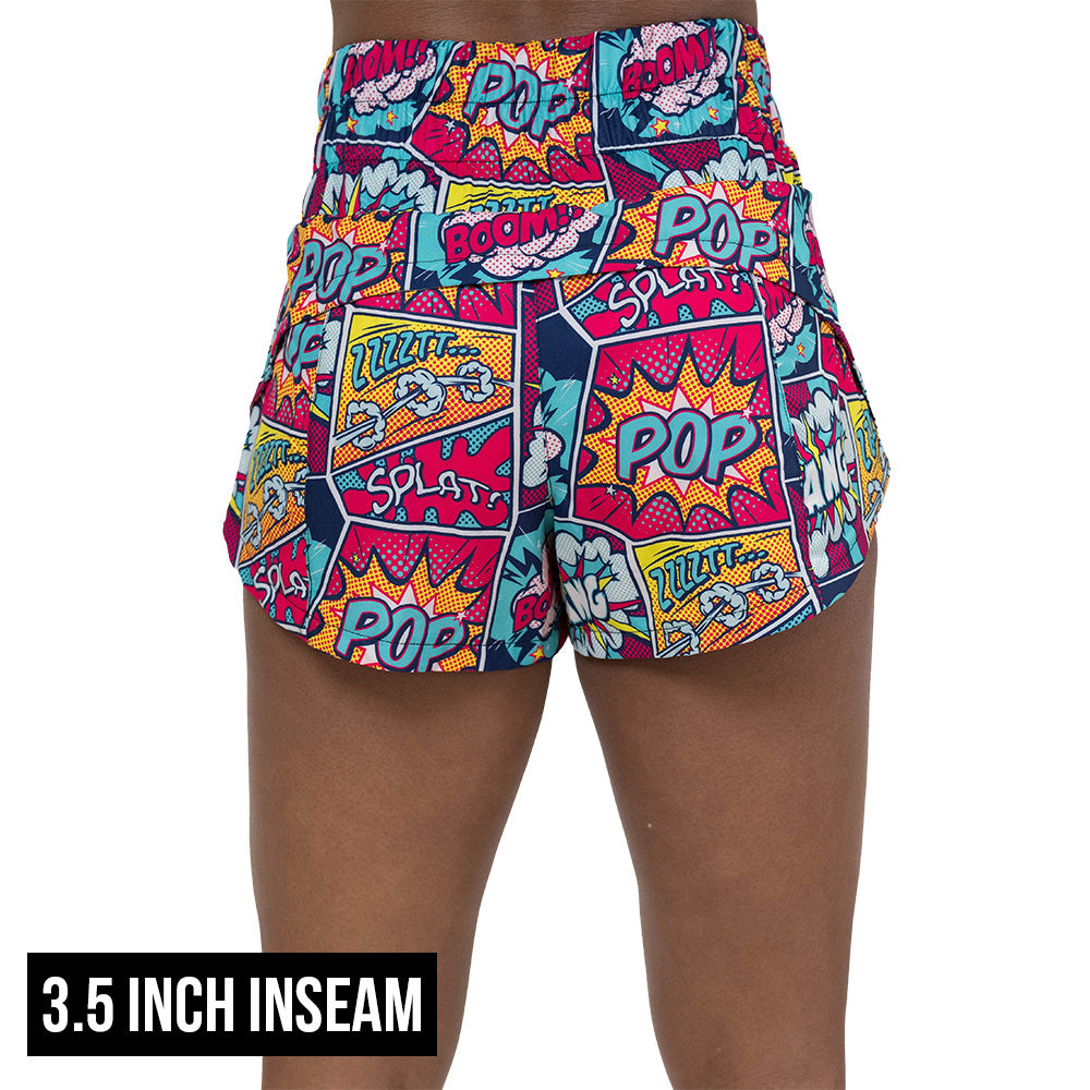 back of the 3.5 inch inseam pop art inspired shorts