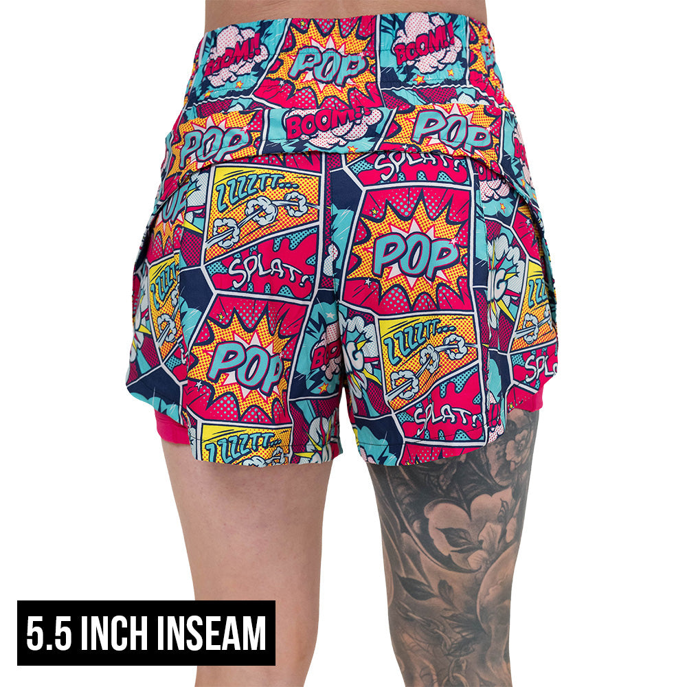 back of the 5.5 inch inseam pop art inspired shorts