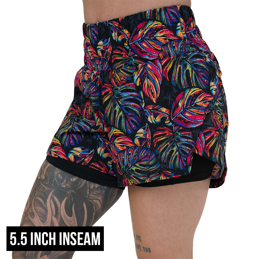 5.5 inch inseam colorful palm tree leaf print shorts