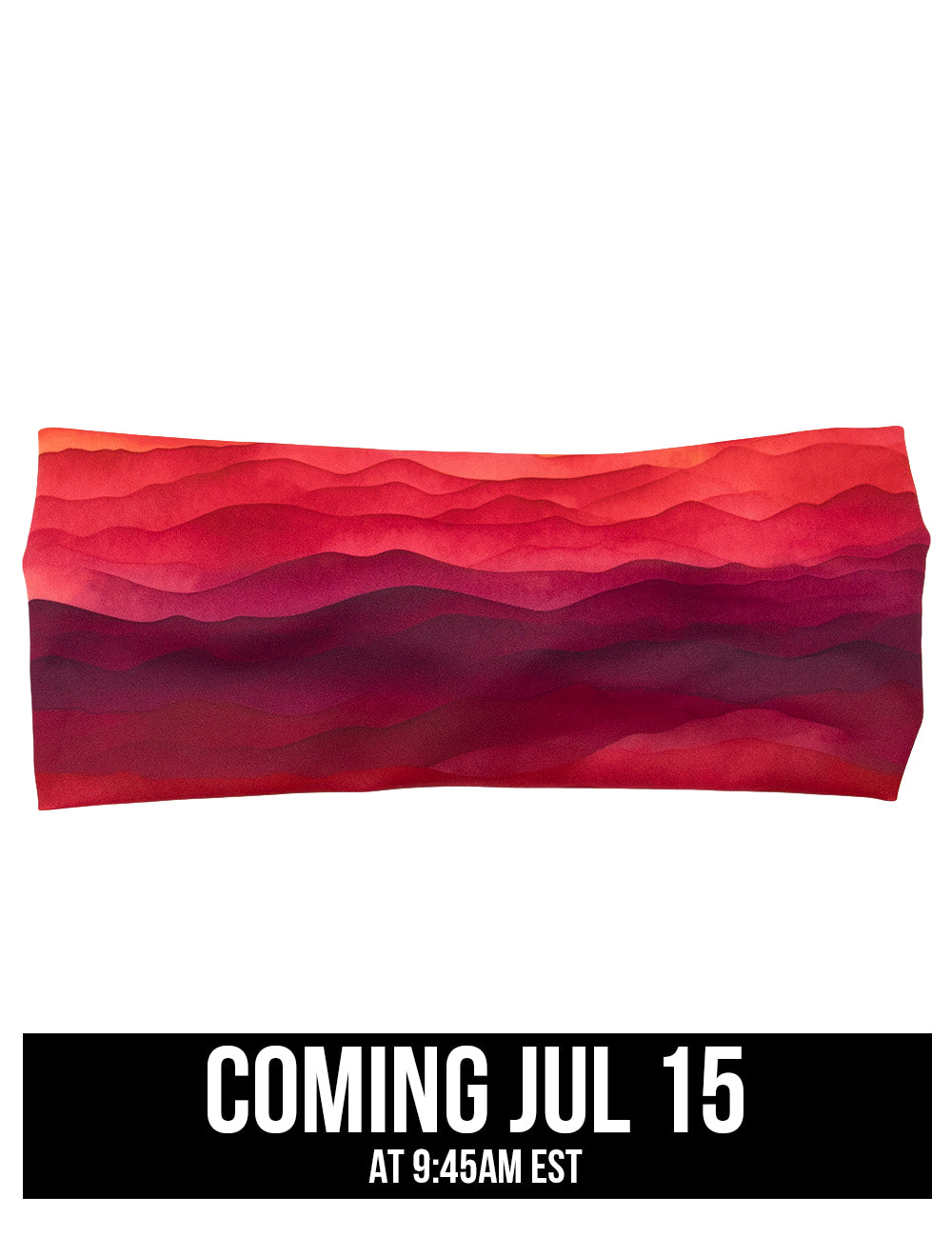 front of the red, yellow, and orange sunset stripes headband against a white background, coming july 15th