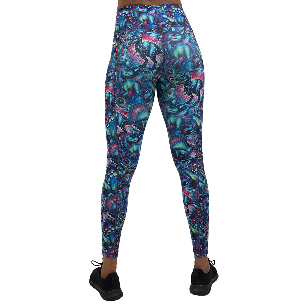 back of the leggings with colorful dinosaur design