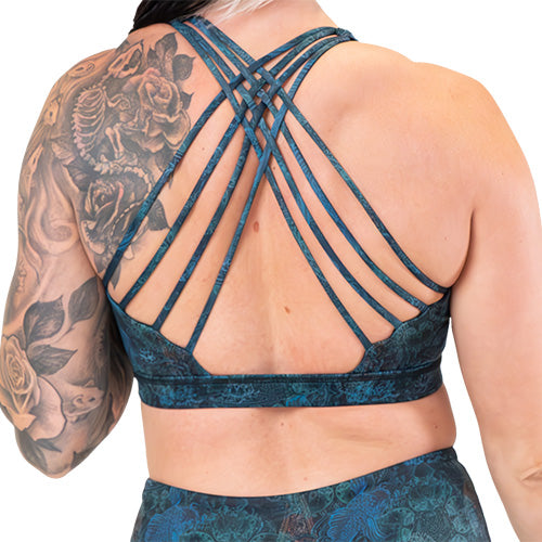 back of the koi fish patterned sports bra