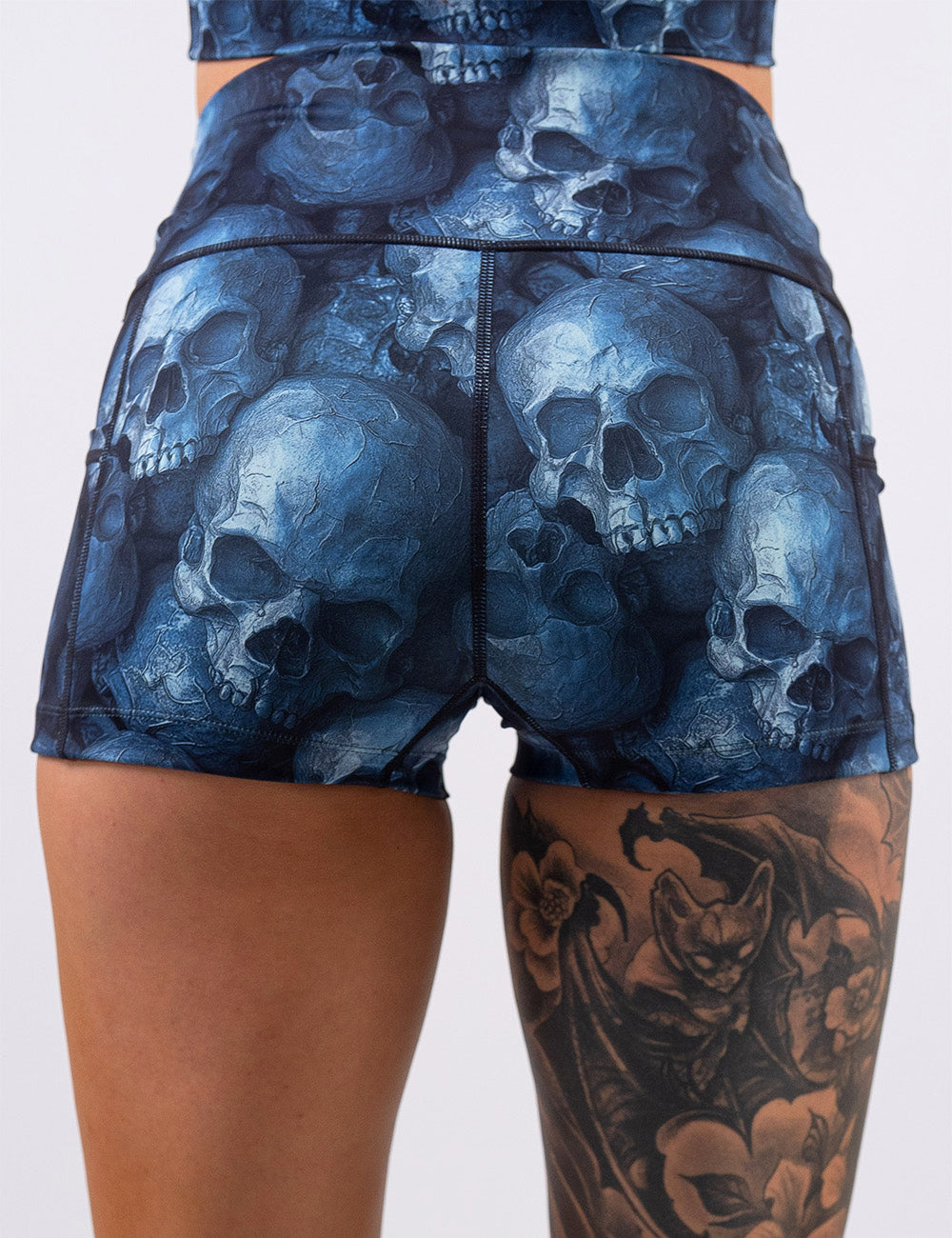 back of the cool blue skulls 2.5 inch shorts against a white background