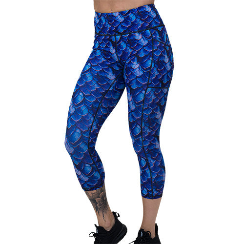 capri length blue dragon scale print leggings