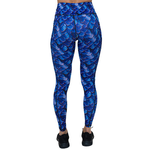 back of full length blue dragon scale print leggings