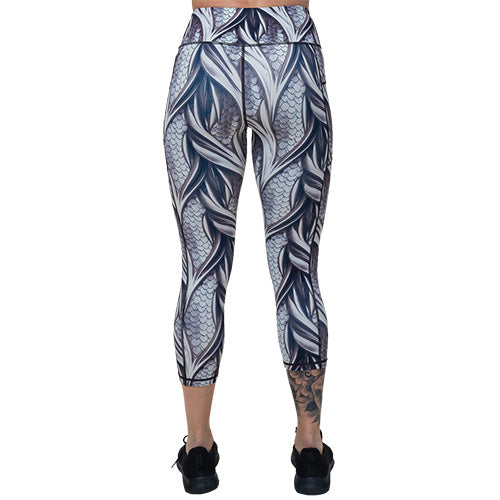 back of capri length grey dragon scale print leggings