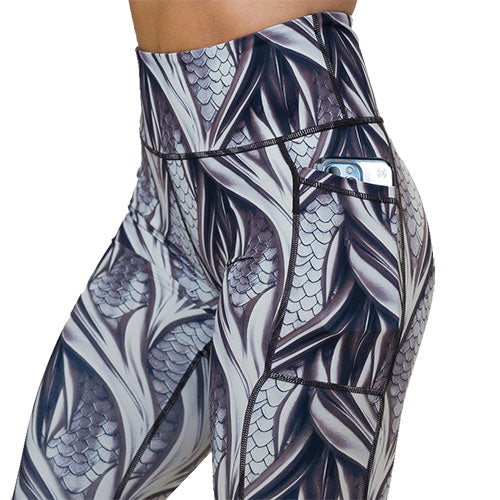 grey dragon scale print legging's side pocket