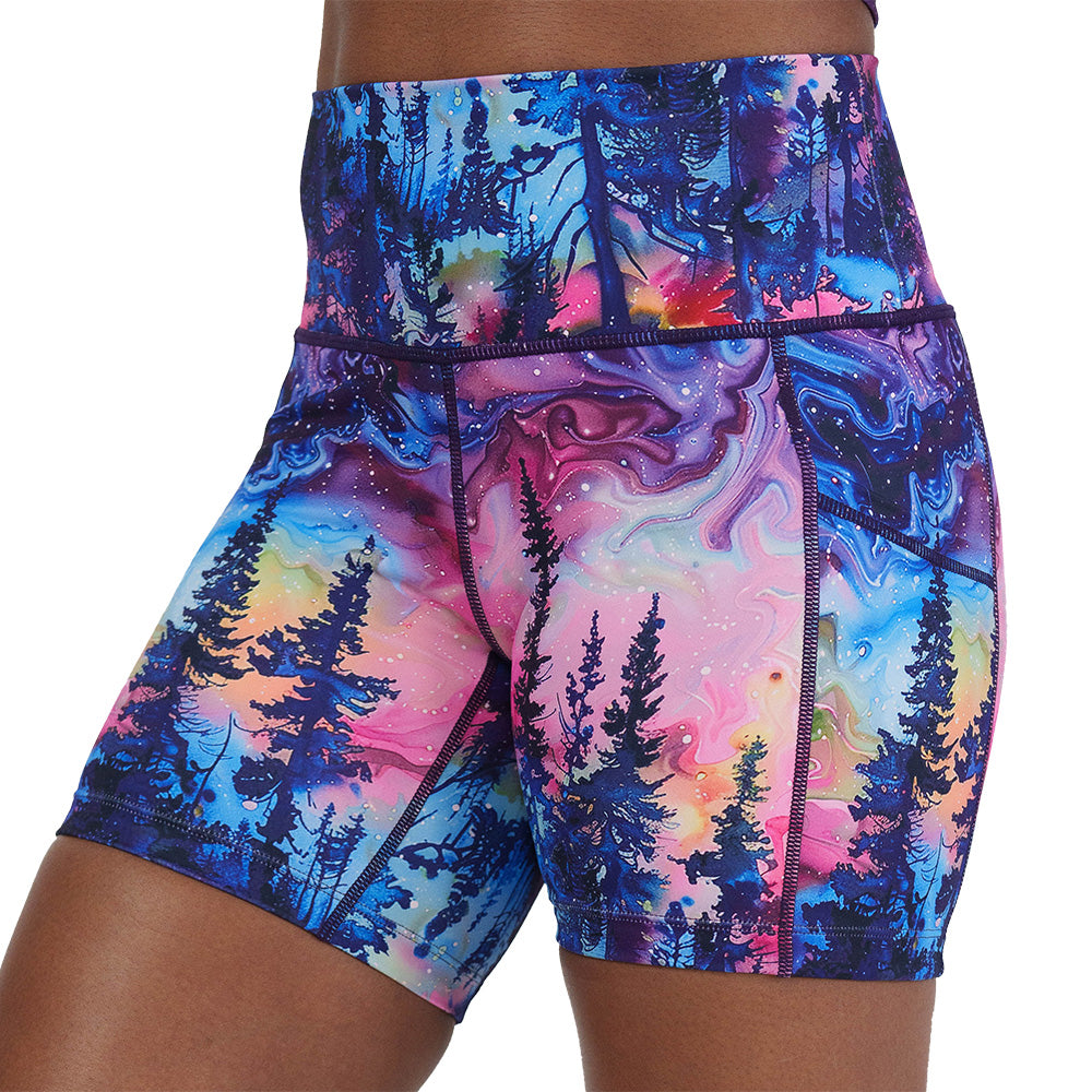 close up of the watercolor rainbow patterned forest 5 inch shorts facing the front against a white background