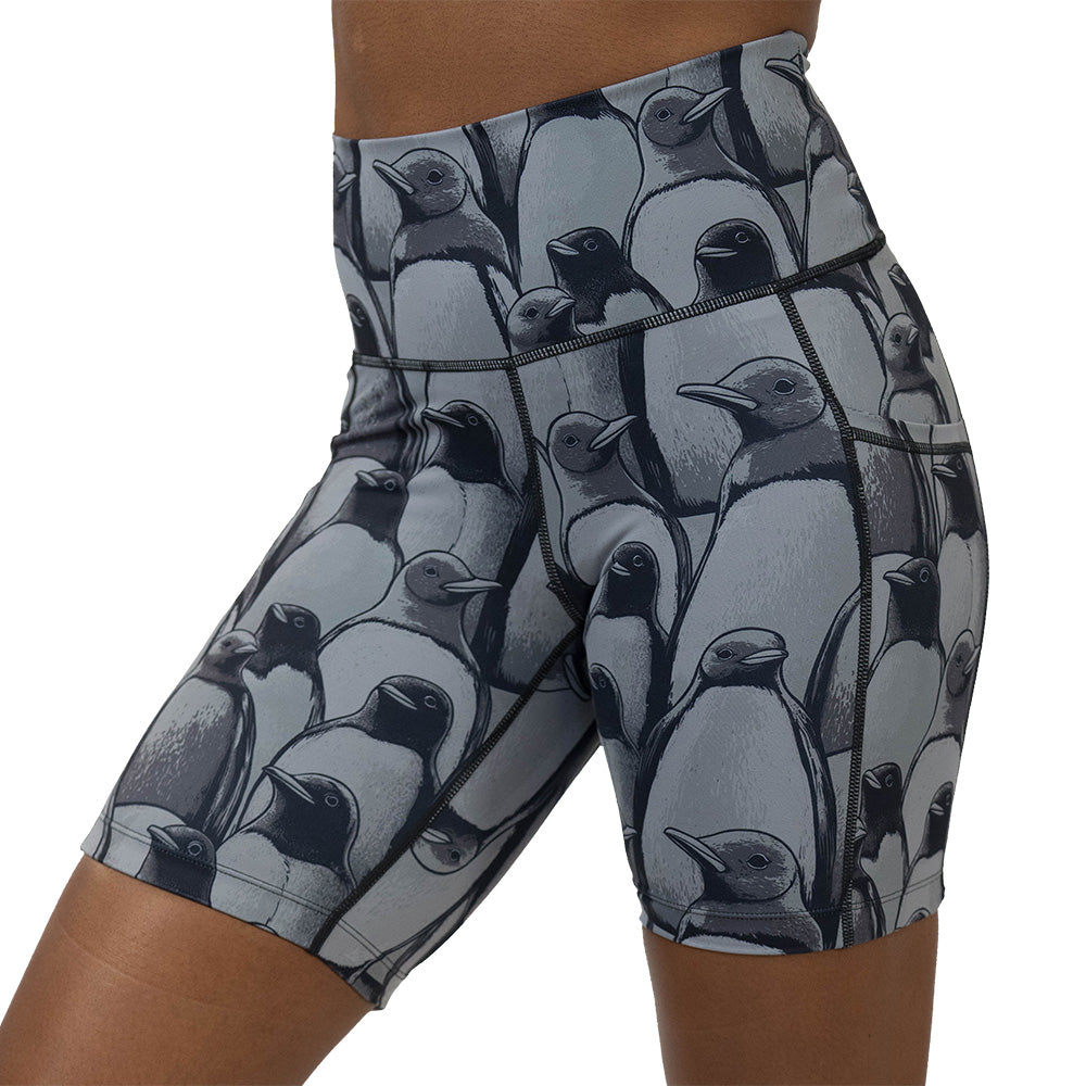 front of the 7 inch penguin patterned shorts