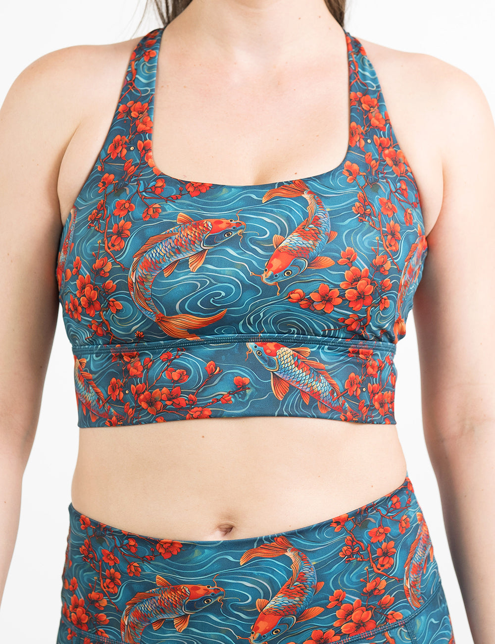 front of the koi fish swimming with orange flowers longline bra