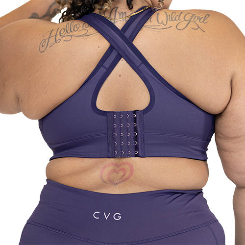 back of purple front zipper bra