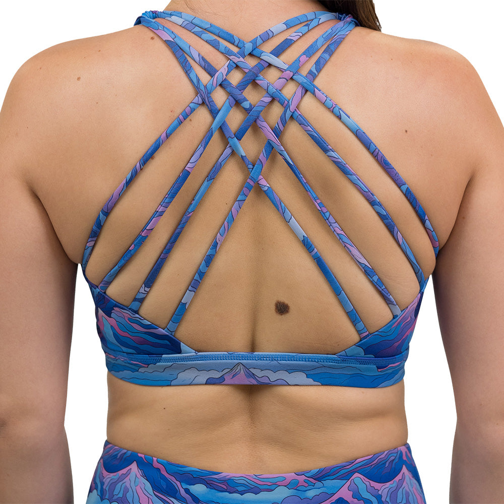 back of the Blue, pink and purple patterned bra