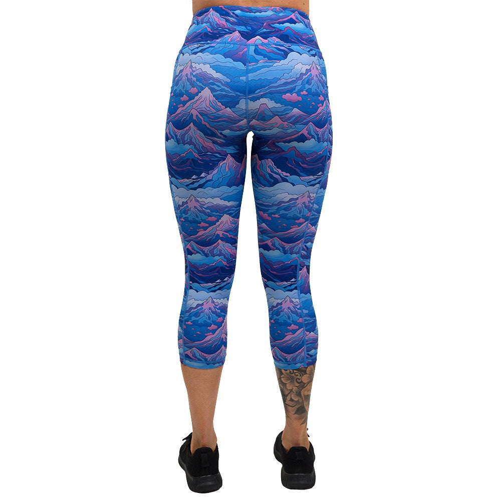 back of the Blue, pink and purple patterned leggings