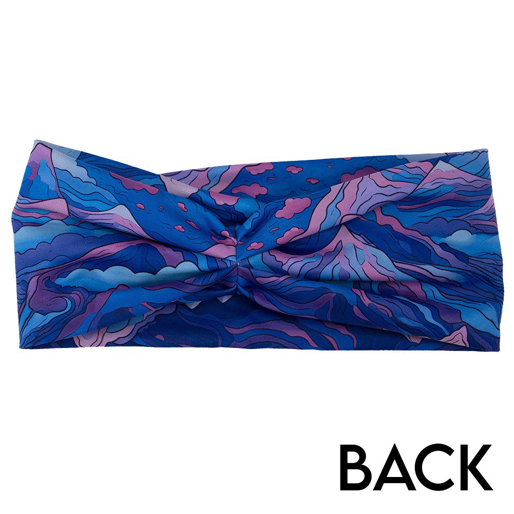 back of the Blue, pink and purple patterned headband