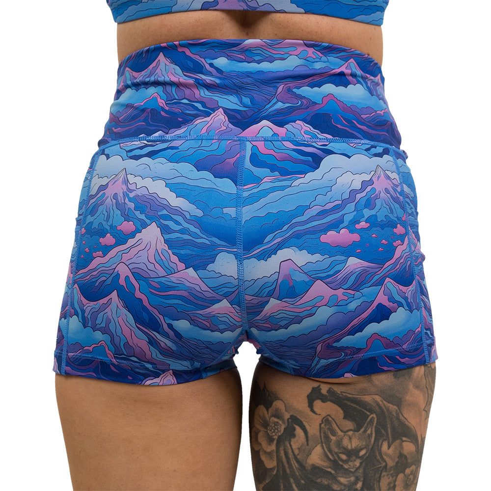 back of the Blue, pink and purple patterned shorts