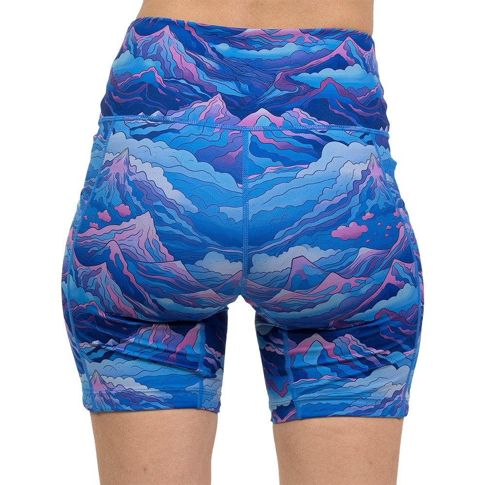 back of the Blue, pink and purple patterned shorts
