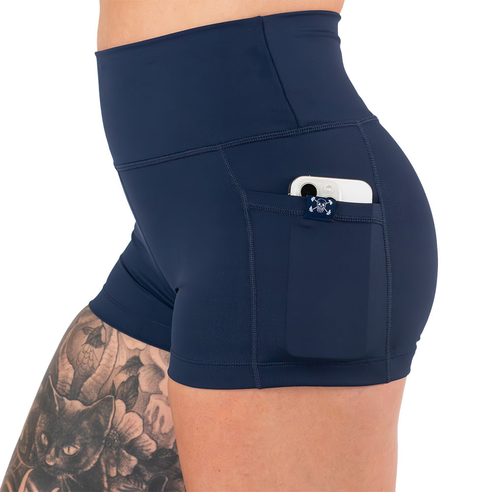 side pocket on the navy blue shorts