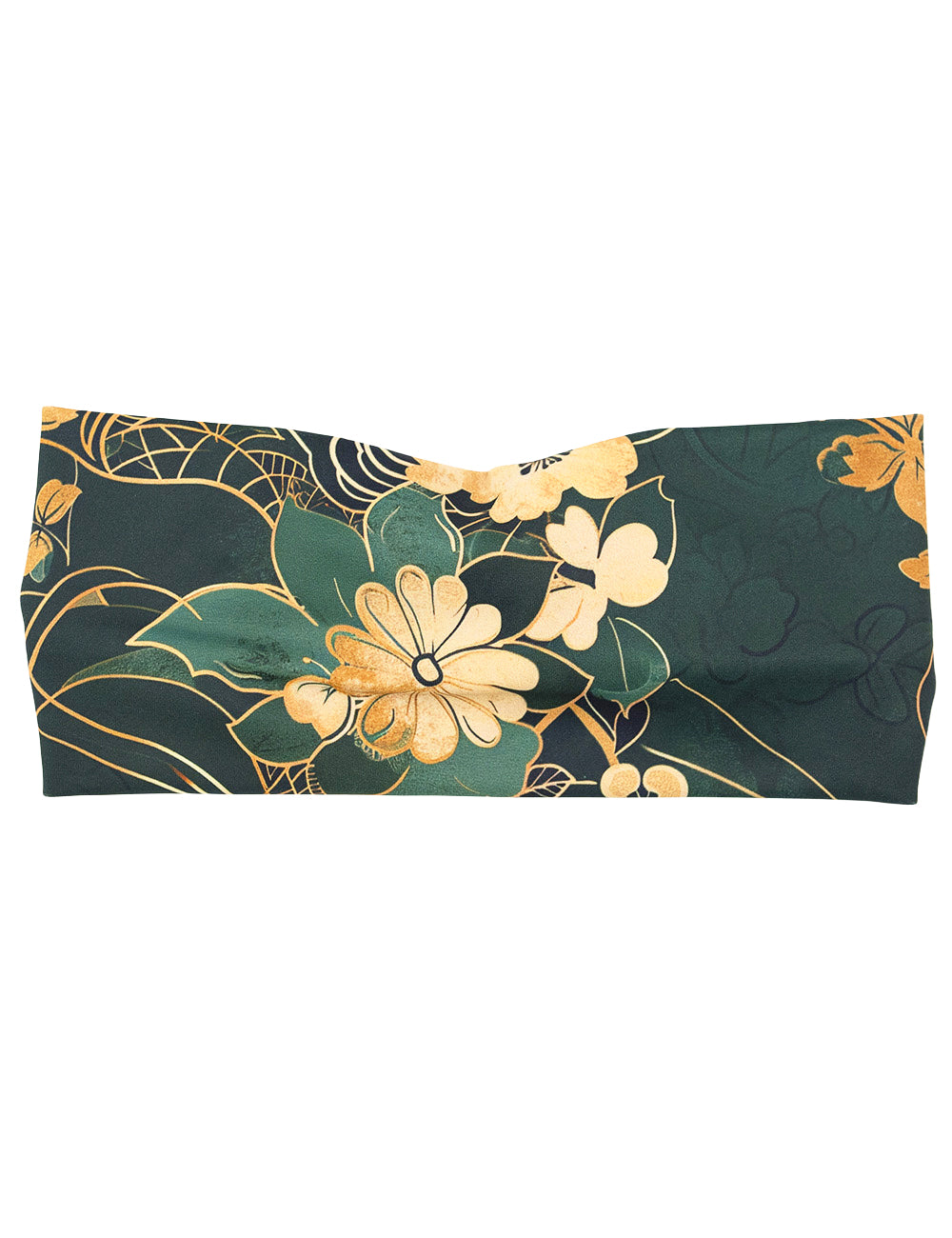 front of the gold flowers and green leaf with gold accents headband against a white background
