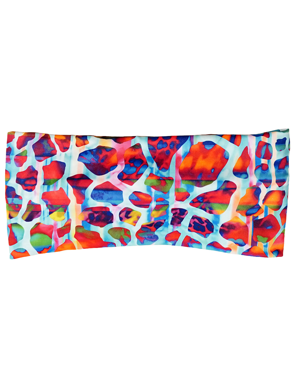 front of the red, orange, green, and yellow abstract mosaic pattern headband against a white background