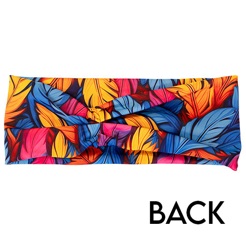 back of colorful feather patterned headband