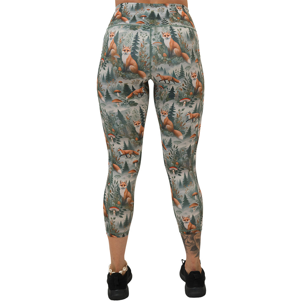 back of the High-waisted leggings with fox and forest pattern on them
