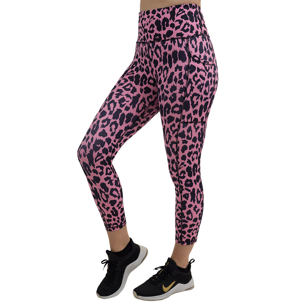 capri pink leopard print leggings facing the front against a white background