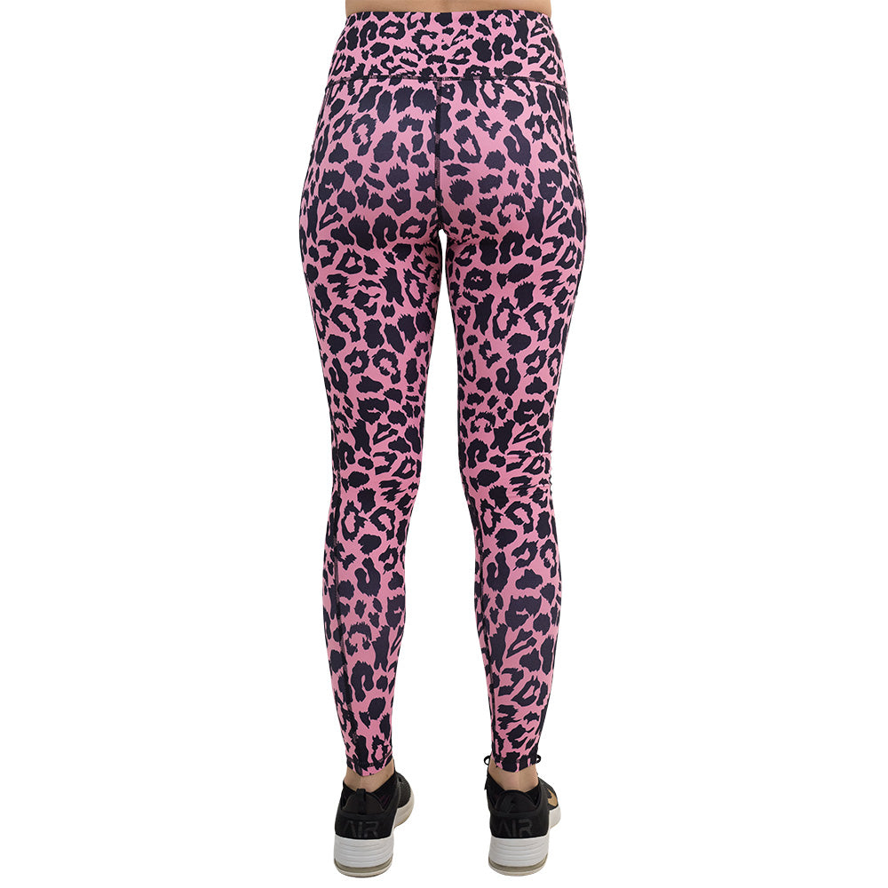 back of the full length pink leopard print leggings against a white background