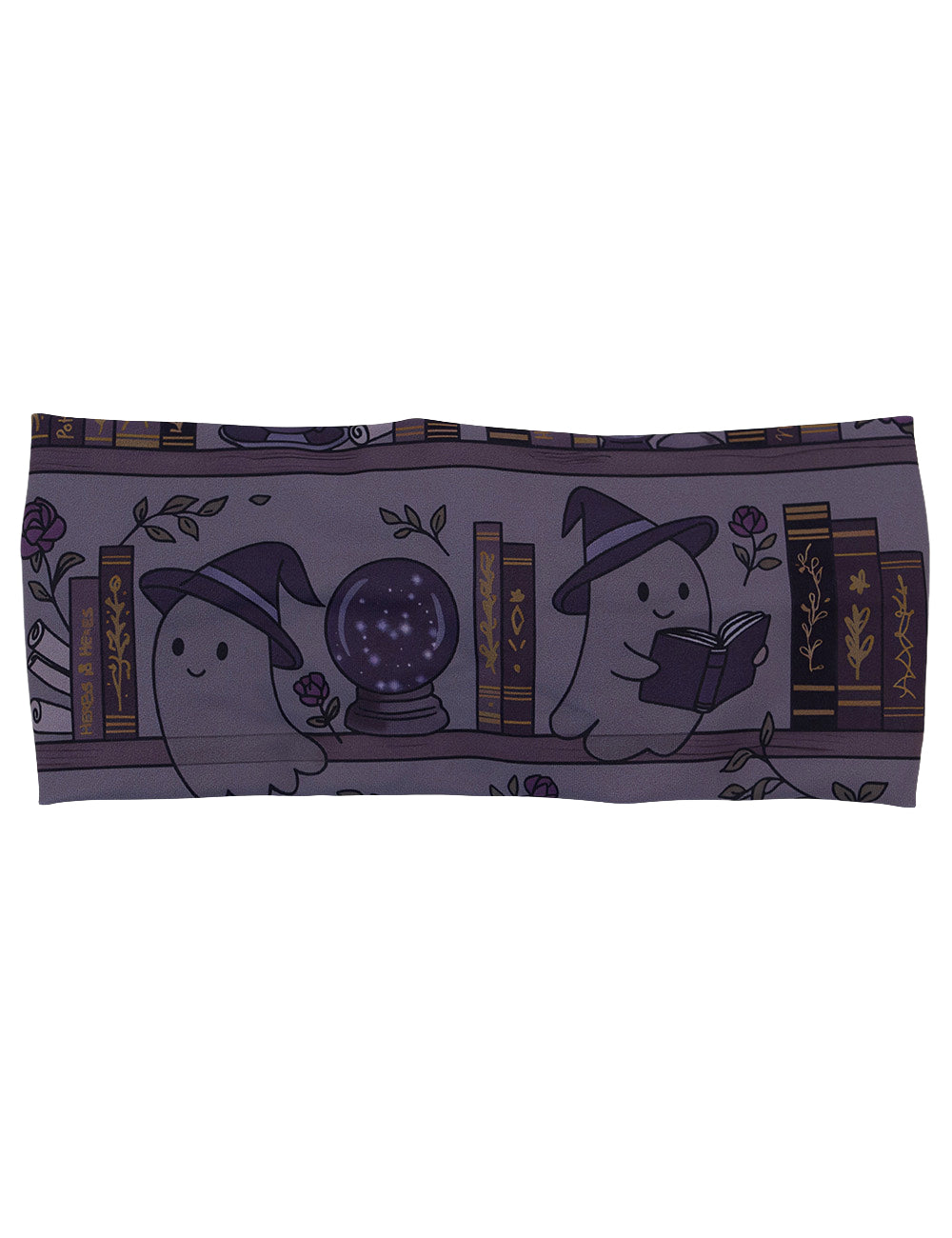 front of the ghost and cat wizards among bookshelves headband against a white background