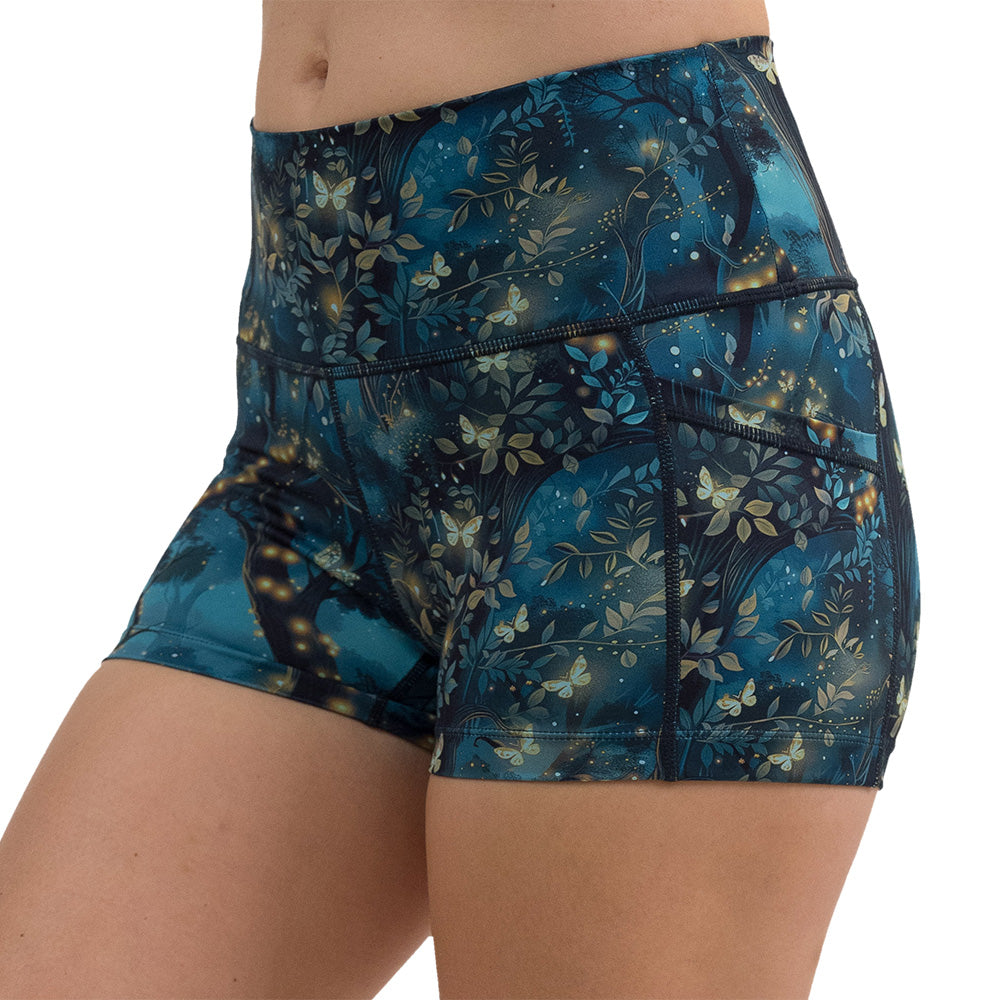 close up of the 2.5 inch forest filled with firefly's pattern shorts against a white background