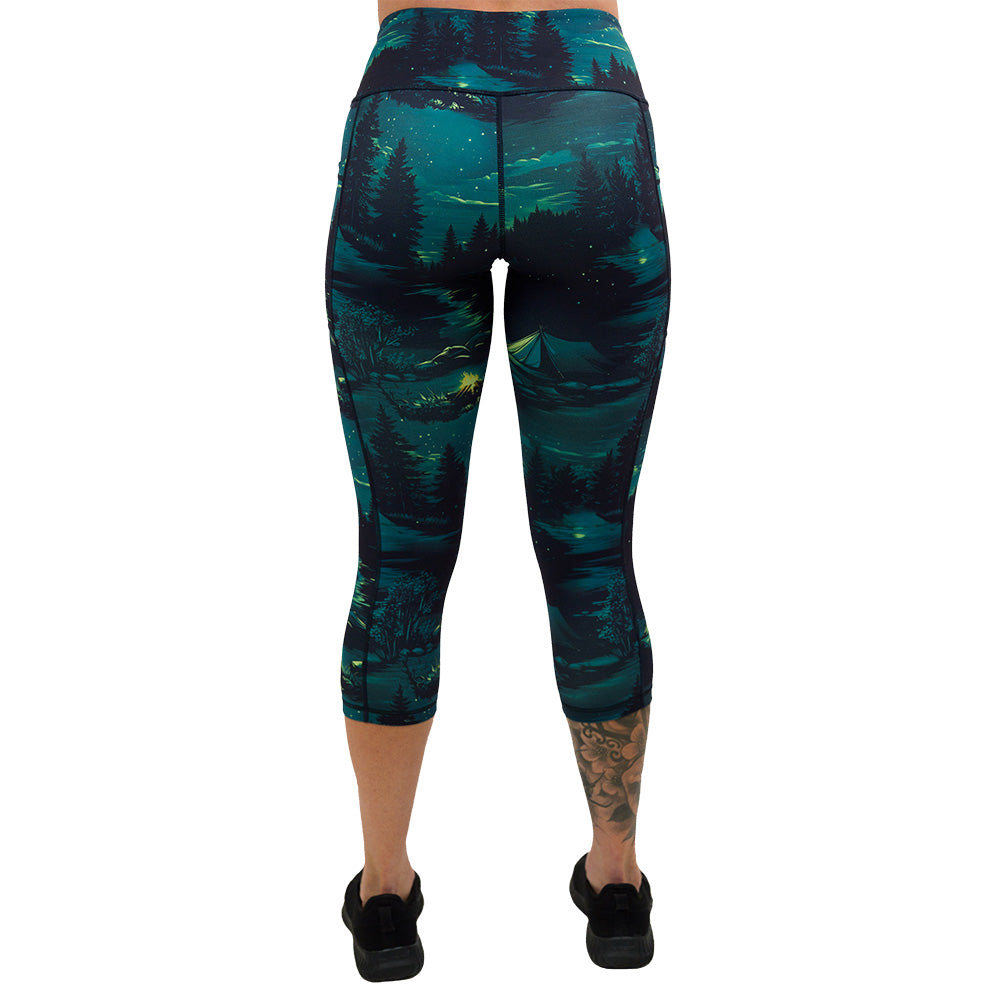 back of the night time camp out capri leggings against a white background
