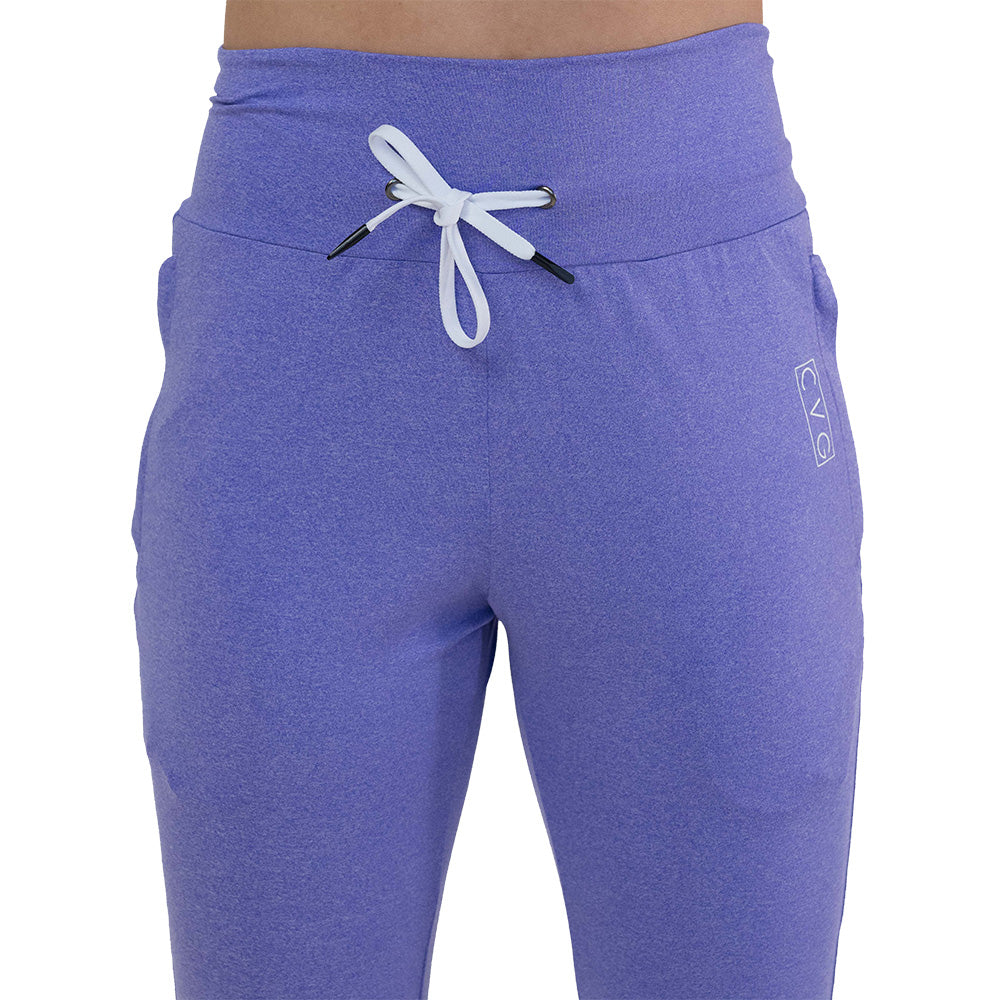 close up of the drawstring waistband on the Purple joggers