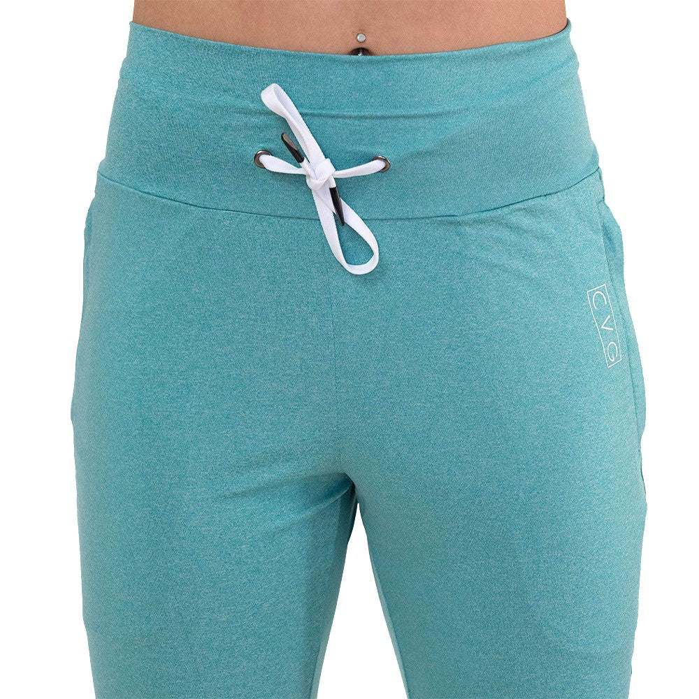 close up of the drawstring waistband on the Turquoise joggers