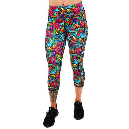 capri length floral swirl patterned leggings