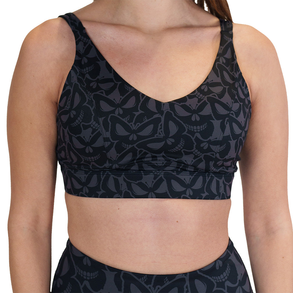 grey and black butterfly shaped skulls patterned bra