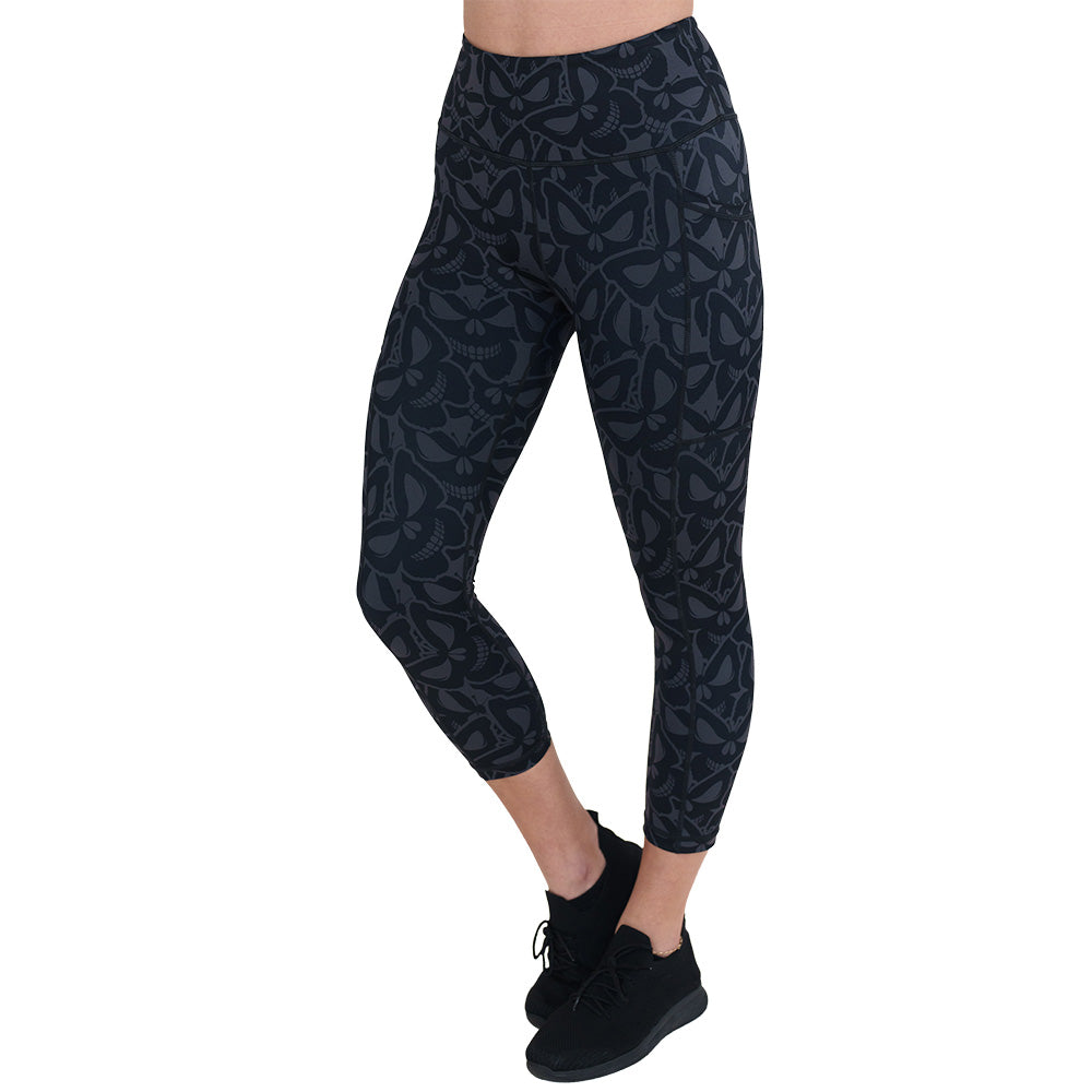 grey and black butterfly shaped skulls patterned leggings