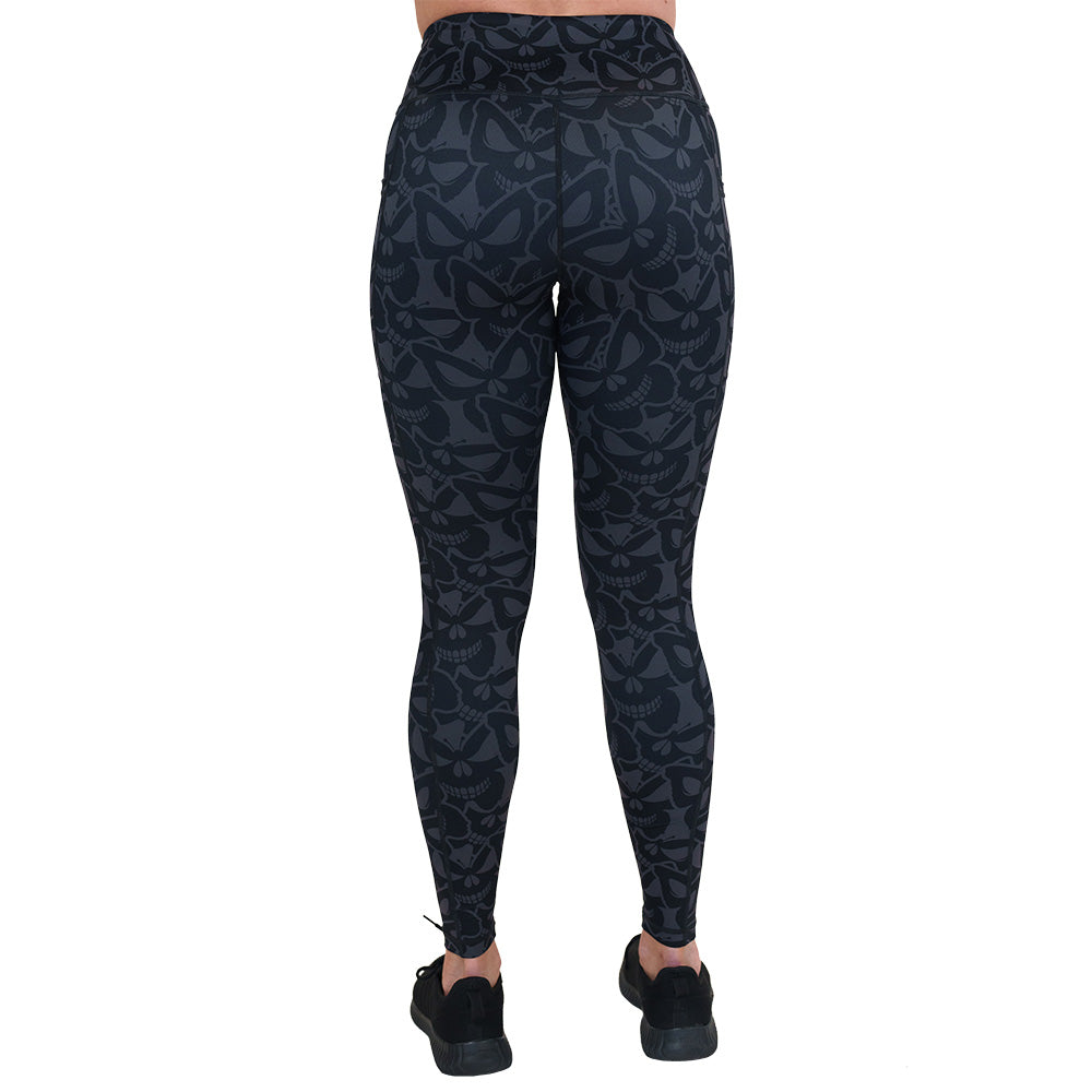 back of the grey and black butterfly shaped skulls patterned leggings