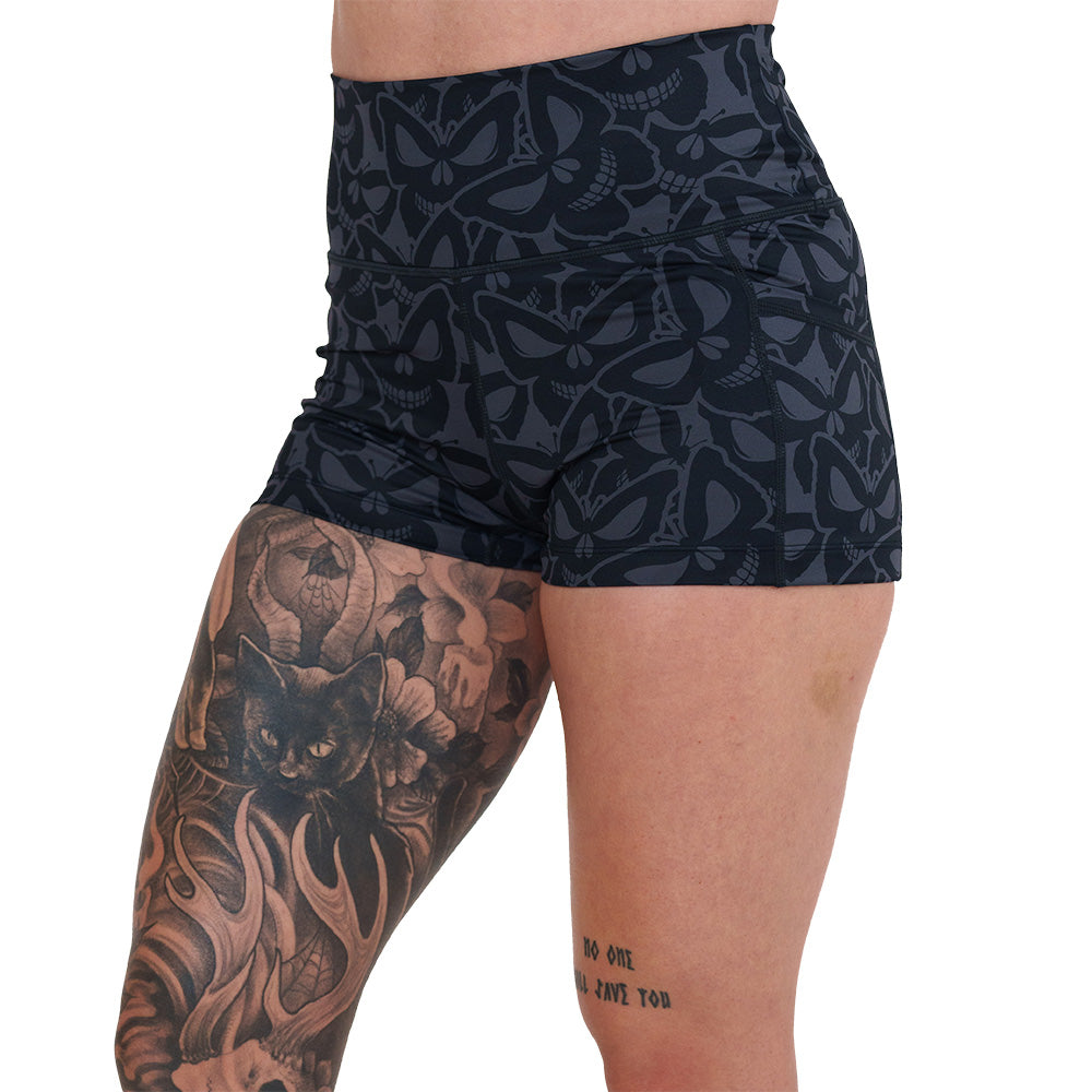 2.5 inch grey and black butterfly shaped skulls patterned shorts