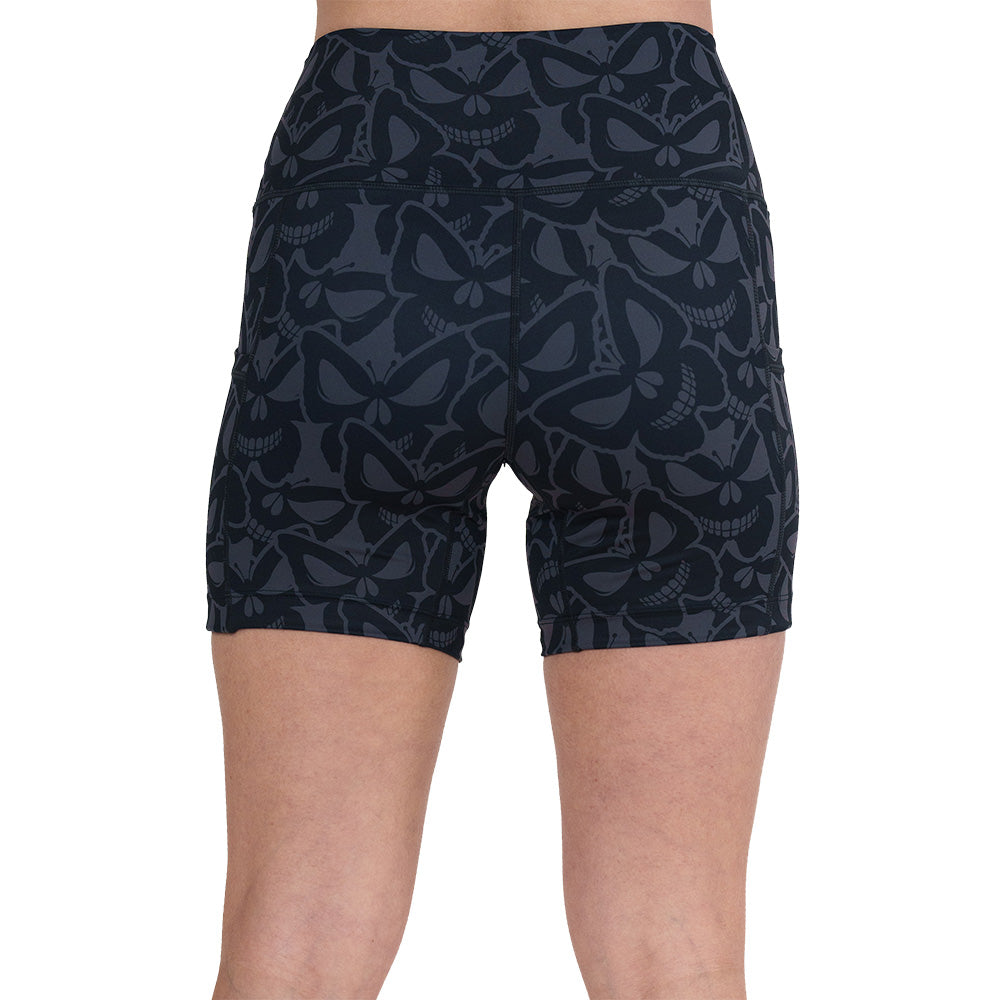back of the 5 inch grey and black butterfly shaped skulls patterned shorts