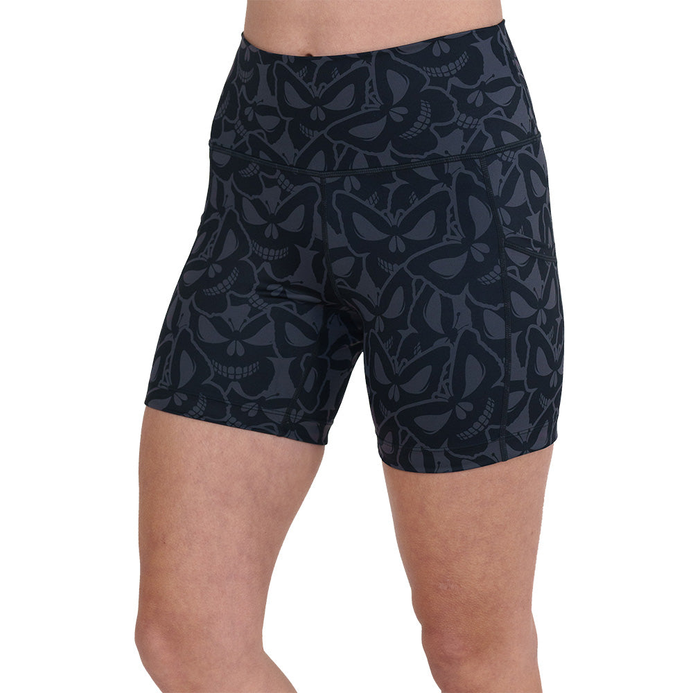 5 inch grey and black butterfly shaped skulls patterned shorts