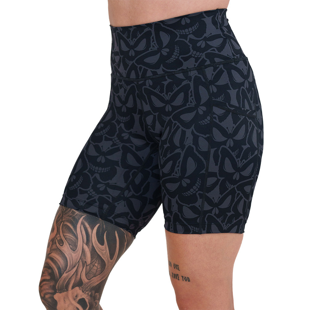 7 inch grey and black butterfly shaped skulls patterned shorts