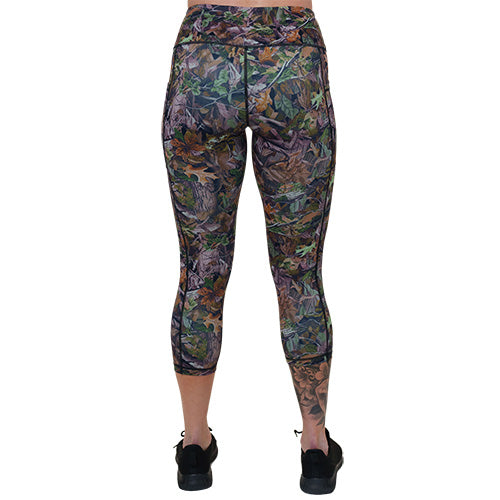 back of the capri length forest camo patterned leggings