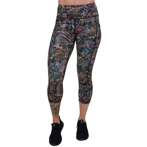capri length forest camo patterned leggings