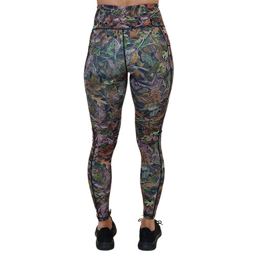 back of the full length forest camo patterned leggings