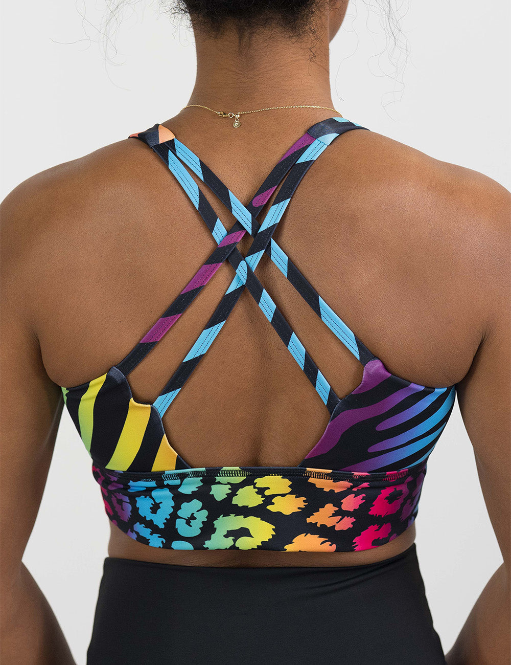 back of the zebra and leopard rainbow print longline bra against a white background