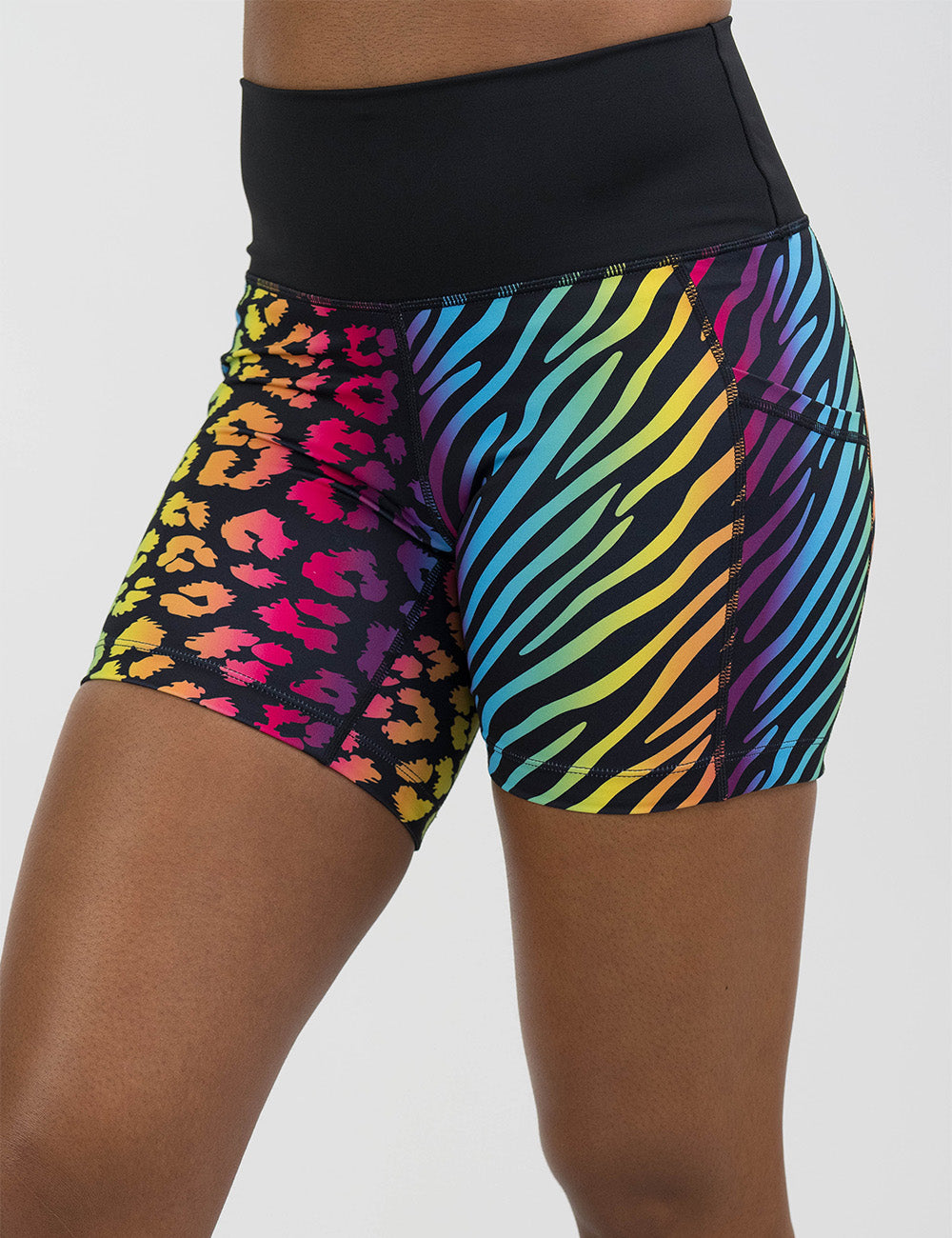 zebra and leopard rainbow print 5 inch shorts facing the front against a white background