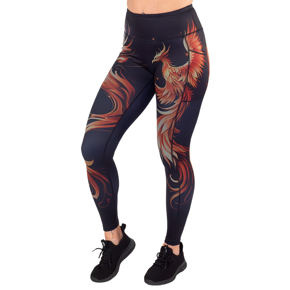 full length black leggings with a red and orange phoenix graphic on it
