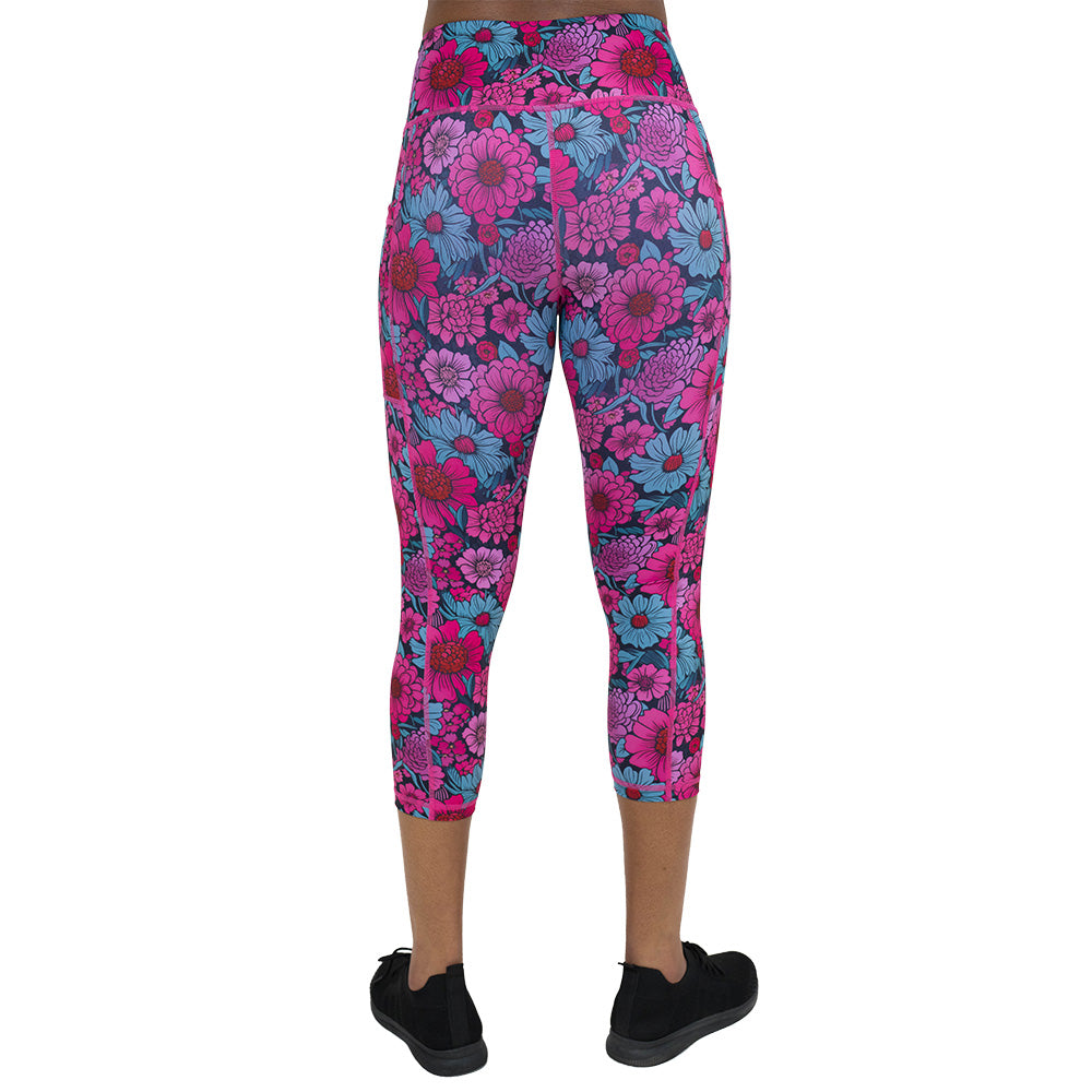 back of the pink and blue floral patterned leggings