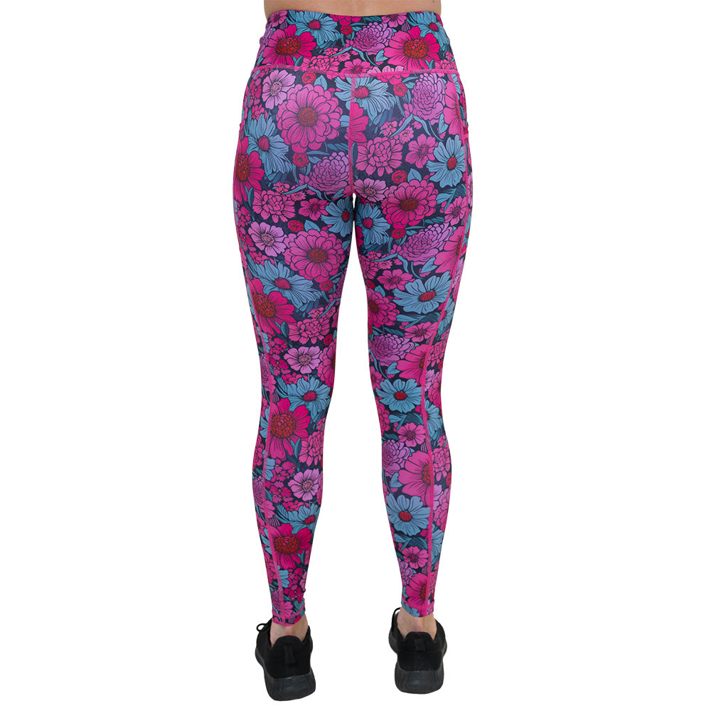 back of the pink and blue floral patterned leggings